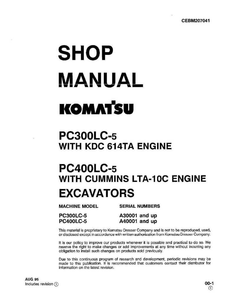 May include: A white shop manual with black text. The manual is for Komatsu excavators, including PC300LC-5 and PC400LC-5 models. The document includes engine specifications and serial numbers. The document is dated August 1995.