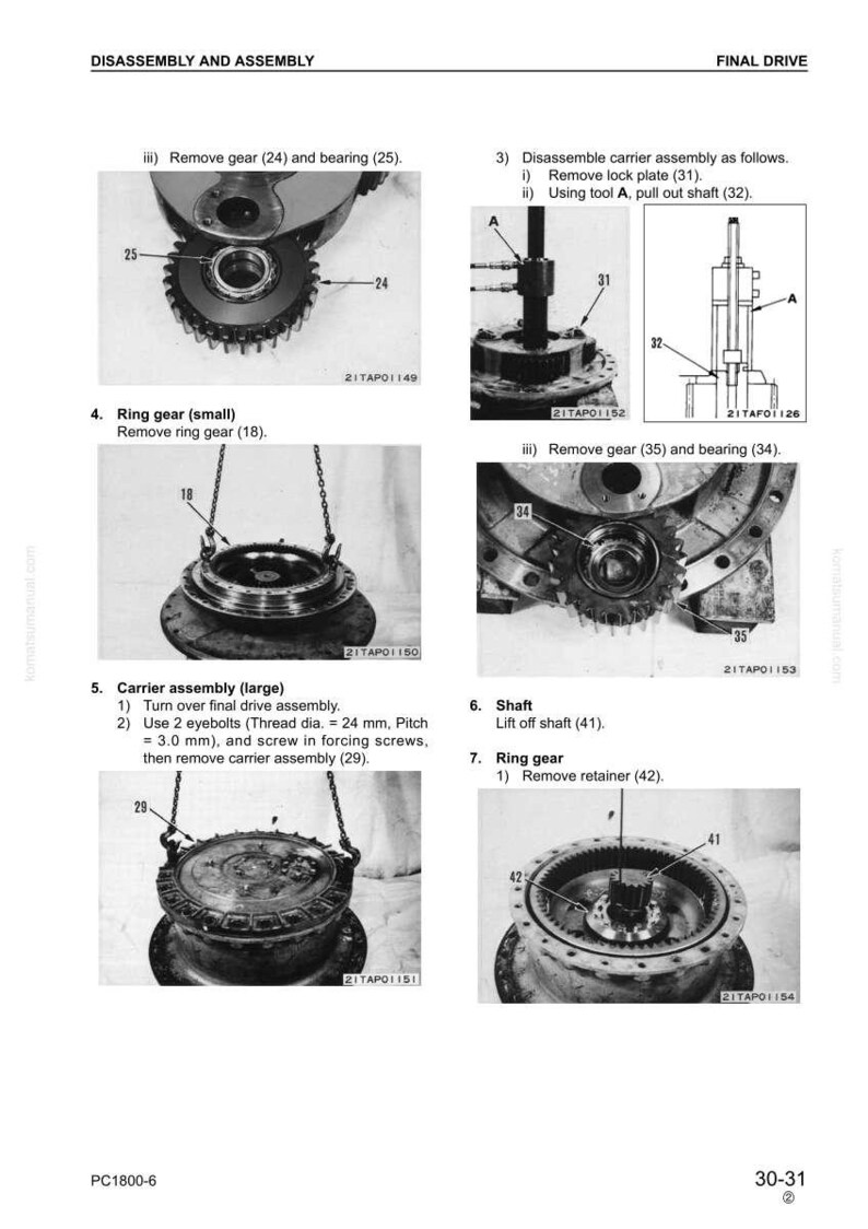 May include: Diagram of final drive disassembly and assembly steps. Includes images of gears, bearings, and other mechanical components. Text labels identify parts and procedures for the PC1800-6 model.
