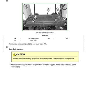 May include: Diagram of a cover plate with cap screws, nuts, and a warning about crushing injuries. The image includes text instructions for removing parts and a caution about heavy components.