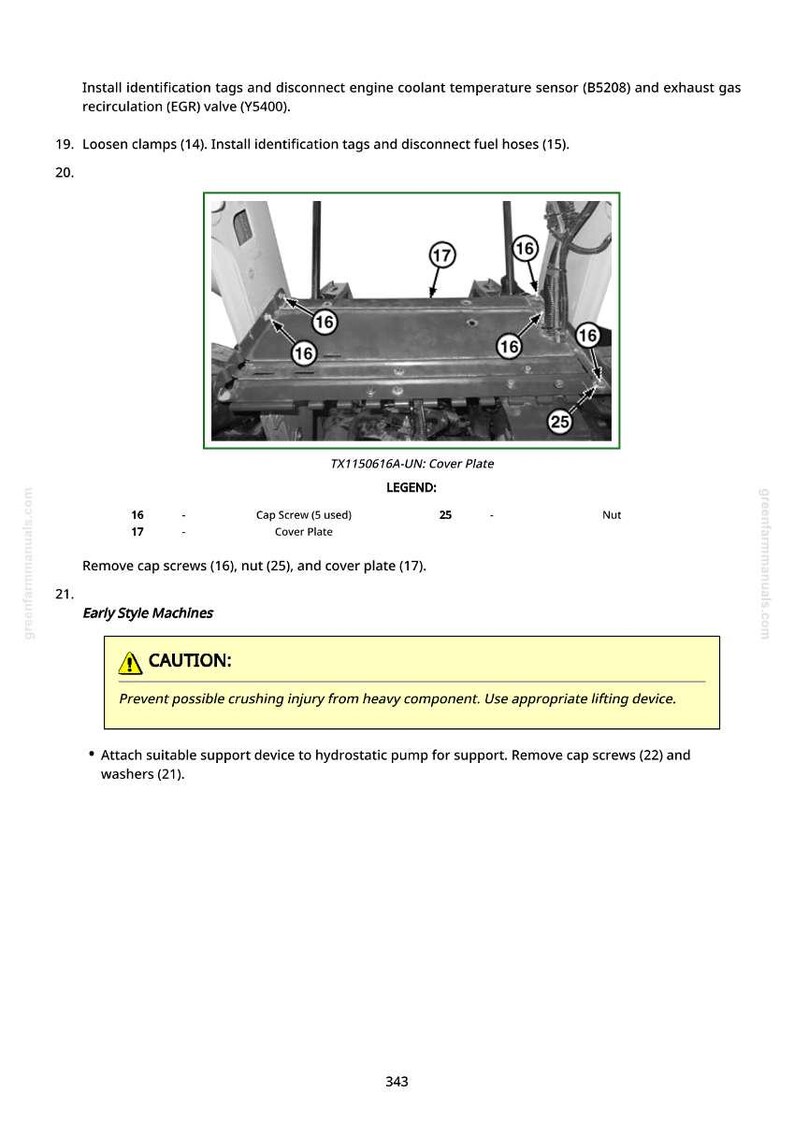 May include: Diagram of a cover plate with cap screws, nuts, and a warning about crushing injuries. The image includes text instructions for removing parts and a caution about heavy components.