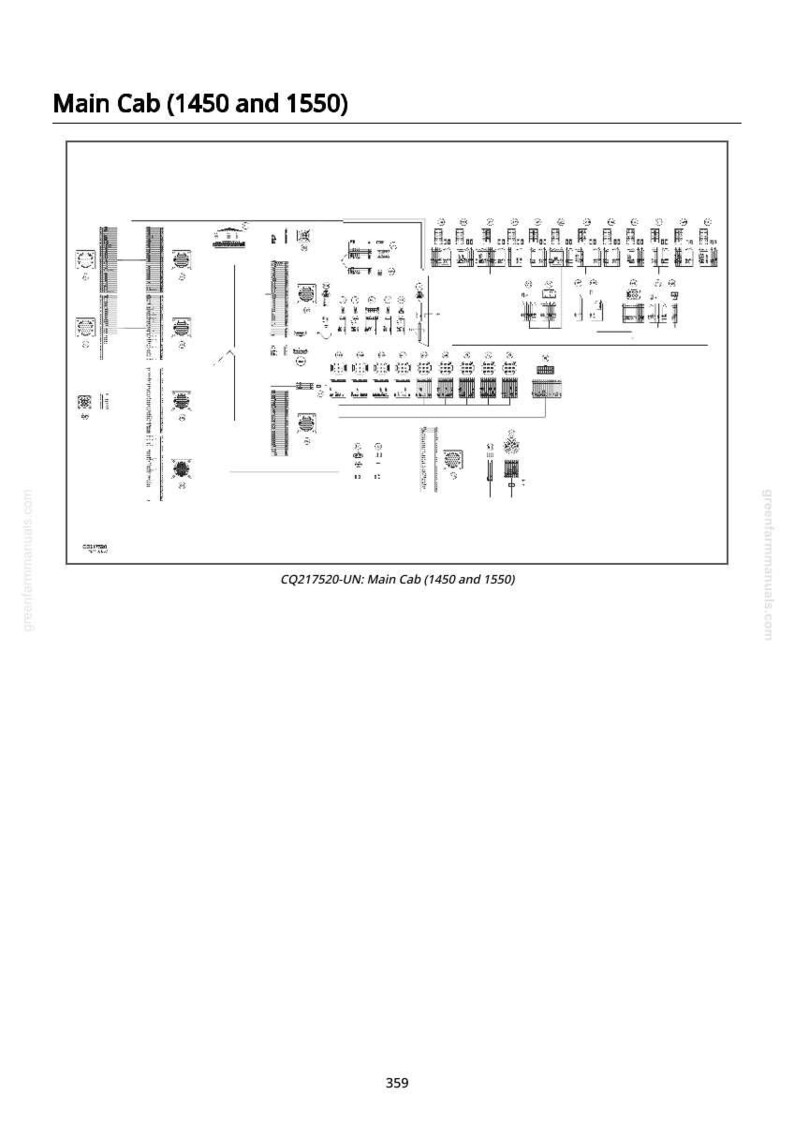Puede incluir: Un diagrama detallado titulado "Main Cab (1450 and 1550)" con circuitos y componentes complejos. La imagen incluye el texto "CQ217520-UN: Main Cab (1450 and 1550)" y el n&uacute;mero "359".