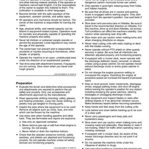 Op de afbeelding: Een pagina uit een veiligheidshandleiding met details over bedienersopleiding, voorbereiding en veilige bedieningsprocedures. Bevat opsommingstekens over onderwerpen als apparatuurgebruik, brandstofbehandeling en het vermijden van gevaren. Getiteld "Veiligheid".