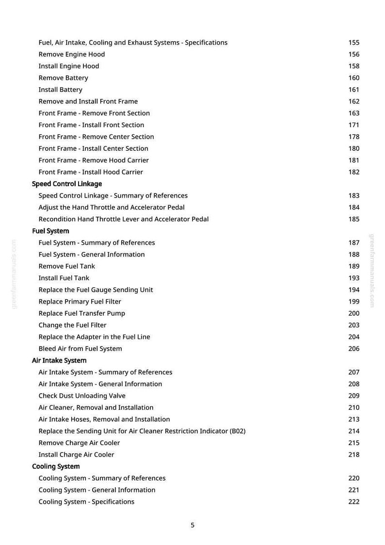 Puede incluir: Una p&aacute;gina de manual que detalla las especificaciones de los sistemas de combustible, admisi&oacute;n de aire, refrigeraci&oacute;n y escape. El &iacute;ndice enumera los procedimientos, con los n&uacute;meros de p&aacute;gina correspondientes.