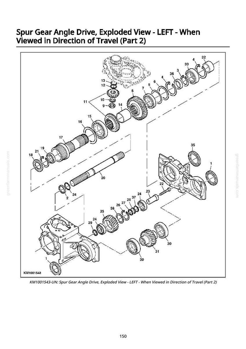 May include: An exploded view diagram of a spur gear angle drive, showing various mechanical components. The diagram includes gears, bearings, and shafts, with labels and part numbers. The text at the top reads "Spur Gear Angle Drive, Exploded View - LEFT - When Viewed in Direction of Travel (Part 2)".