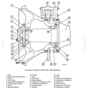 May include: Detailed diagram of a front wheel hub and spindle assembly, labeled with part numbers and names. Includes components like the hub, disc brake, and various capscrews and washers. The diagram is in black and white.