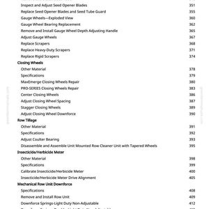 May include: A detailed page from a manual, listing parts and procedures for agricultural equipment. Titles include "MaxEmerge Double Disk Opener Exploded View" and "Insecticide/Herbicide Meter". The page is from greenfarmmanuals.com.