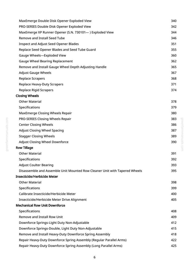 May include: A detailed page from a manual, listing parts and procedures for agricultural equipment. Titles include "MaxEmerge Double Disk Opener Exploded View" and "Insecticide/Herbicide Meter". The page is from greenfarmmanuals.com.
