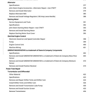 May include: A page from a manual with a list of specifications and procedures for engine repair. The text includes sections on alternators, starting motors, and electrical engine control, with page numbers.