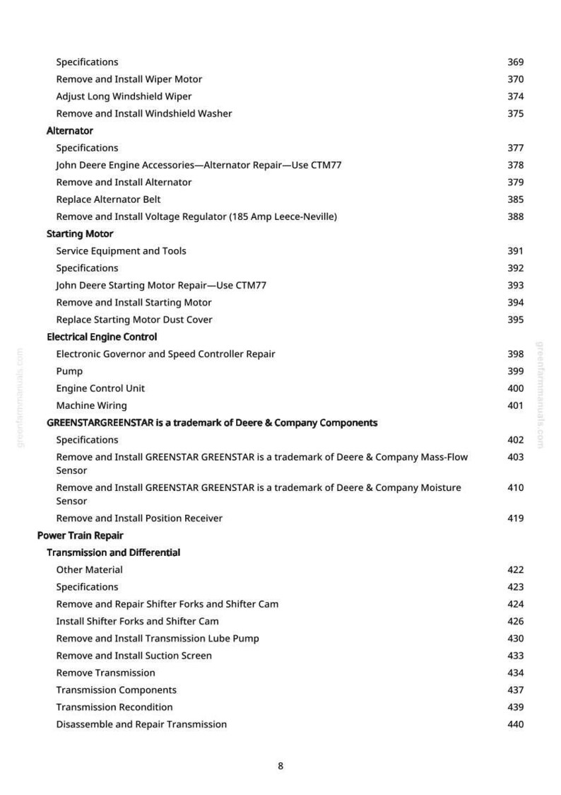 May include: A page from a manual with a list of specifications and procedures for engine repair. The text includes sections on alternators, starting motors, and electrical engine control, with page numbers.