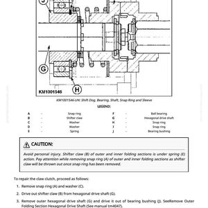 May include: Technical diagram of a mechanical assembly, featuring a detailed cross-section view. Labeled components include snap rings, shifter claws, washers, and a hexagonal drive shaft. Text includes a caution and repair instructions.