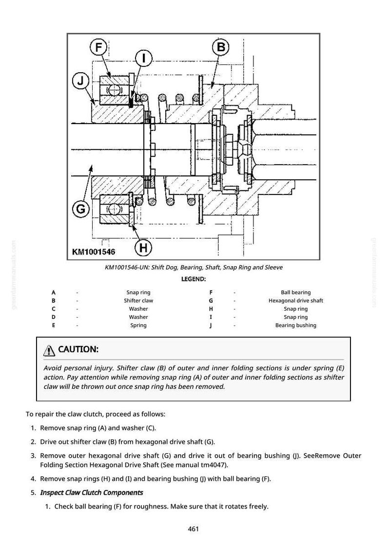 May include: Technical diagram of a mechanical assembly, featuring a detailed cross-section view. Labeled components include snap rings, shifter claws, washers, and a hexagonal drive shaft. Text includes a caution and repair instructions.