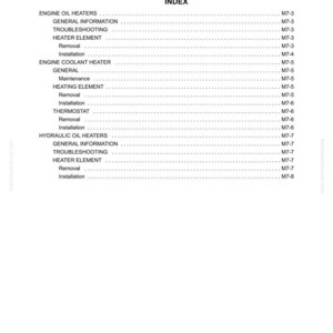 May include: A page from a manual titled "SECTION M7 HEATER OPTIONS INDEX." The index lists topics such as Engine Oil Heaters, Engine Coolant Heater, and Hydraulic Oil Heaters. The document is dated 10/21.