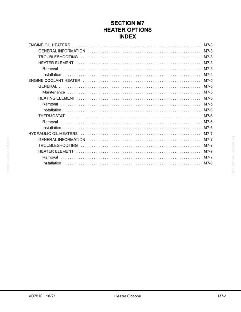 May include: A page from a manual titled "SECTION M7 HEATER OPTIONS INDEX." The index lists topics such as Engine Oil Heaters, Engine Coolant Heater, and Hydraulic Oil Heaters. The document is dated 10/21.