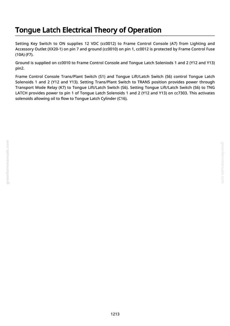 May include: A white page with the title "Tongue Latch Electrical Theory of Operation" in black text. The page contains technical text describing electrical components and their functions, including voltage and pin numbers.