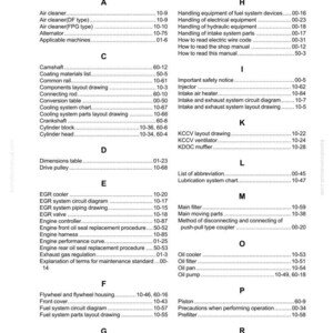 May include: An index page from a manual, listing various engine components and procedures. The page is organized alphabetically, with sections for components like the air cleaner, crankshaft, and oil filter. The text is black on a white background.