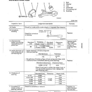 May include: Diagram of a connecting rod assembly with labeled parts, including bolts, washers, and a bushing. The diagram includes measurements in millimeters and tolerance specifications for various components, such as the inside diameter of the hole at the big end.