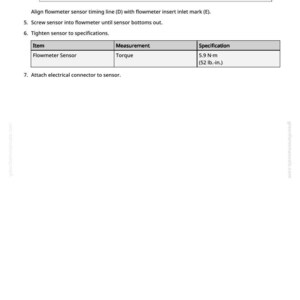 May include: A white document with instructions for a flowmeter sensor. The text includes alignment instructions, tightening specifications, and a table with item and measurement details. The torque specification is 5.9 N-m (52 lb.-in.).