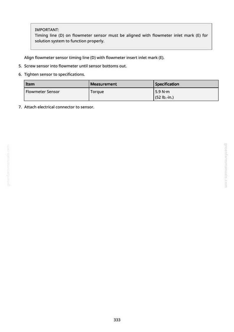 May include: A white document with instructions for a flowmeter sensor. The text includes alignment instructions, tightening specifications, and a table with item and measurement details. The torque specification is 5.9 N-m (52 lb.-in.).