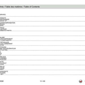 May include: A document page with a table of contents in English, German, and French. The list details engine components such as service kits, wear parts, and fuel systems. The Weidemann logo is visible at the bottom right of the page.