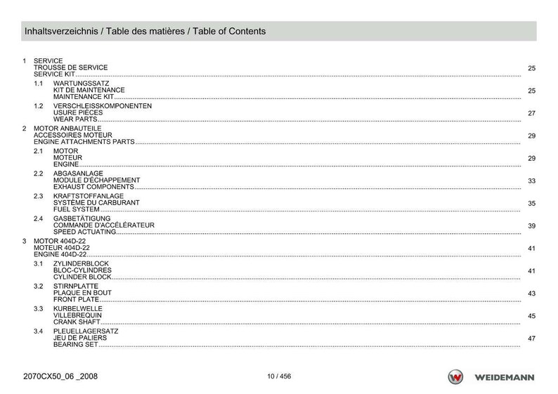 May include: A document page with a table of contents in English, German, and French. The list details engine components such as service kits, wear parts, and fuel systems. The Weidemann logo is visible at the bottom right of the page.