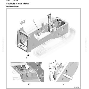 May include: Diagram of a machine's undercarriage and frame, with detailed views of the main frame and cap. The image includes labels and arrows pointing to specific components, with the text "Main Frame" and "Structure of Main Frame" visible.