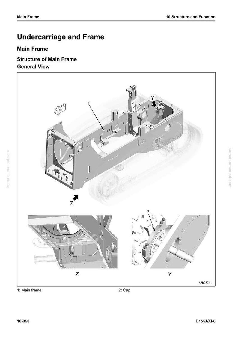 May include: Diagram of a machine's undercarriage and frame, with detailed views of the main frame and cap. The image includes labels and arrows pointing to specific components, with the text "Main Frame" and "Structure of Main Frame" visible.