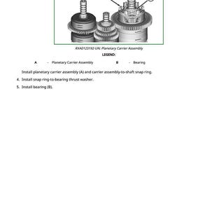 May include: Diagram of a planetary carrier assembly, labeled RXA0123192-UN. The image shows three mechanical components with labels A and B, and the text "Planetary Carrier Assembly" and "Bearing". Instructions for installation are also included.