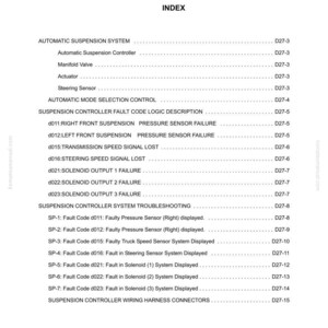 May include: A white document titled "SECTION D27 AUTOMATIC SUSPENSION SYSTEM INDEX" with a list of automatic suspension system components and fault codes. The document includes headings like "Automatic Suspension Controller" and "Suspension Controller Fault Code Logic Description."