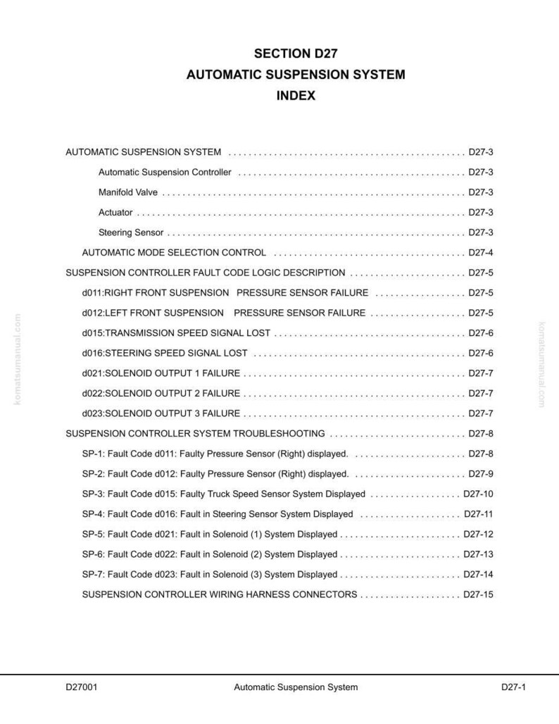 May include: A white document titled "SECTION D27 AUTOMATIC SUSPENSION SYSTEM INDEX" with a list of automatic suspension system components and fault codes. The document includes headings like "Automatic Suspension Controller" and "Suspension Controller Fault Code Logic Description."