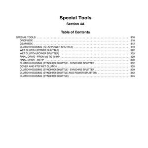 May include: A page from a manual titled "Special Tools" with a table of contents. The table lists various components like "Drop Box," "Gear Box," and "Clutch Housing." The page is white with black text.