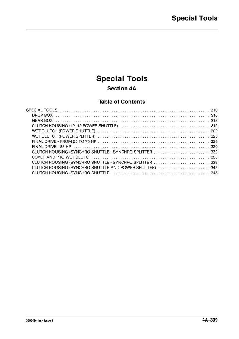 May include: A page from a manual titled "Special Tools" with a table of contents. The table lists various components like "Drop Box," "Gear Box," and "Clutch Housing." The page is white with black text.