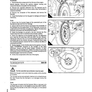 May include: Page from a manual detailing flywheel removal and installation procedures. Includes diagrams of engine components, with text instructions and safety warnings. The manual is for a marine gearbox.