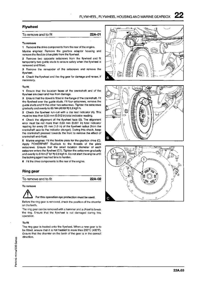 May include: Page from a manual detailing flywheel removal and installation procedures. Includes diagrams of engine components, with text instructions and safety warnings. The manual is for a marine gearbox.