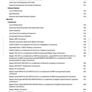May include: A detailed page from a manual, featuring a list of references, specifications, and instructions for electrical connectors and exhaust systems. The text is in black font on a white background.