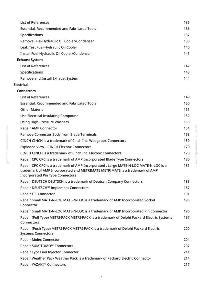 May include: A detailed page from a manual, featuring a list of references, specifications, and instructions for electrical connectors and exhaust systems. The text is in black font on a white background.