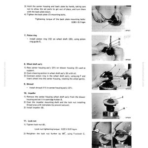 May include: A manual page showing the disassembly and assembly of an accessory. The text provides instructions for tightening bolts, installing piston rings, and other mechanical procedures. Diagrams and illustrations are included.