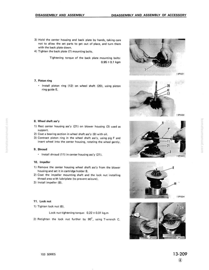 May include: A manual page showing the disassembly and assembly of an accessory. The text provides instructions for tightening bolts, installing piston rings, and other mechanical procedures. Diagrams and illustrations are included.