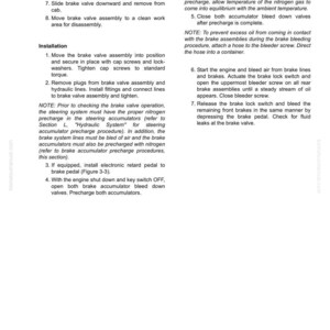 May include: A page from a service manual detailing brake circuit component service. The text includes instructions for brake valve assembly removal, installation, and precharge procedures. The document also provides notes on bleeding air from brake lines and checking for fluid leaks.