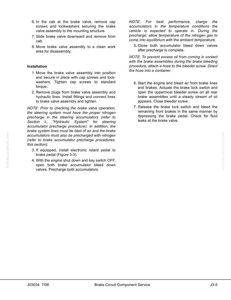 May include: A page from a service manual detailing brake circuit component service. The text includes instructions for brake valve assembly removal, installation, and precharge procedures. The document also provides notes on bleeding air from brake lines and checking for fluid leaks.