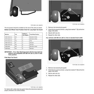 May include: Diagrams and instructions for installing toe guards on vehicles. Includes diagrams for vehicles with 660 mm (26 in.) and 584 mm (23 in.) tires. Text includes steps for securing the toe guard with nuts.