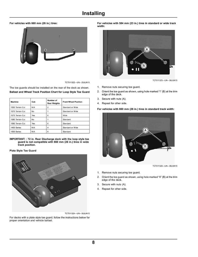 May include: Diagrams and instructions for installing toe guards on vehicles. Includes diagrams for vehicles with 660 mm (26 in.) and 584 mm (23 in.) tires. Text includes steps for securing the toe guard with nuts.
