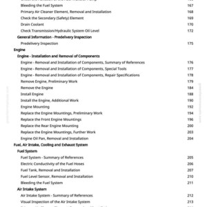 May include: A page from a manual with a table of contents for engine repair and maintenance. The text includes sections on fuel systems, air intake, and cooling systems, with page numbers listed.