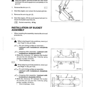 May include: Diagram detailing the disassembly and installation of a bucket assembly. Includes illustrations of the bucket, pins, and links, with instructions and measurements. The bucket assembly weighs 43 kg.