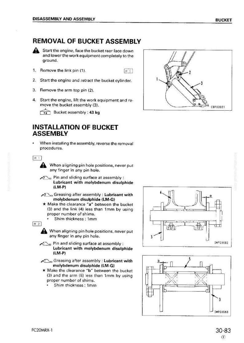 May include: Diagram detailing the disassembly and installation of a bucket assembly. Includes illustrations of the bucket, pins, and links, with instructions and measurements. The bucket assembly weighs 43 kg.