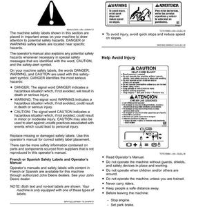 May include: An operator's manual page with safety labels and instructions. The text includes warnings about potential hazards, such as avoiding quick stops and reducing speed on slopes. The manual also provides instructions on how to avoid injury.