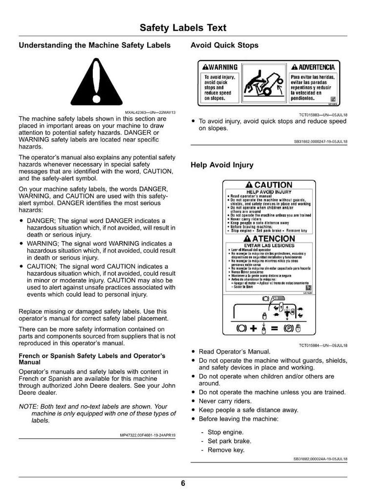 May include: An operator's manual page with safety labels and instructions. The text includes warnings about potential hazards, such as avoiding quick stops and reducing speed on slopes. The manual also provides instructions on how to avoid injury.