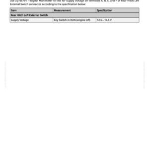 Puede incluir: Una p&aacute;gina blanca con texto que detalla una prueba de voltaje de suministro de 4 componentes. El texto incluye instrucciones para usar un mult&iacute;metro digital para probar el voltaje de suministro en un interruptor externo del enganche trasero. La especificaci&oacute;n es de 12,5-14,5 V.