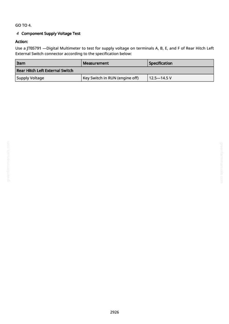 Puede incluir: Una p&aacute;gina blanca con texto que detalla una prueba de voltaje de suministro de 4 componentes. El texto incluye instrucciones para usar un mult&iacute;metro digital para probar el voltaje de suministro en un interruptor externo del enganche trasero. La especificaci&oacute;n es de 12,5-14,5 V.