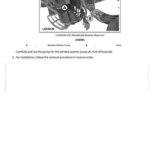 May include: Diagram of a vehicle component, featuring a windshield washer reservoir and pump. The image includes labels for parts A and B, with accompanying text detailing removal and installation instructions. The model number LX242542 is visible.