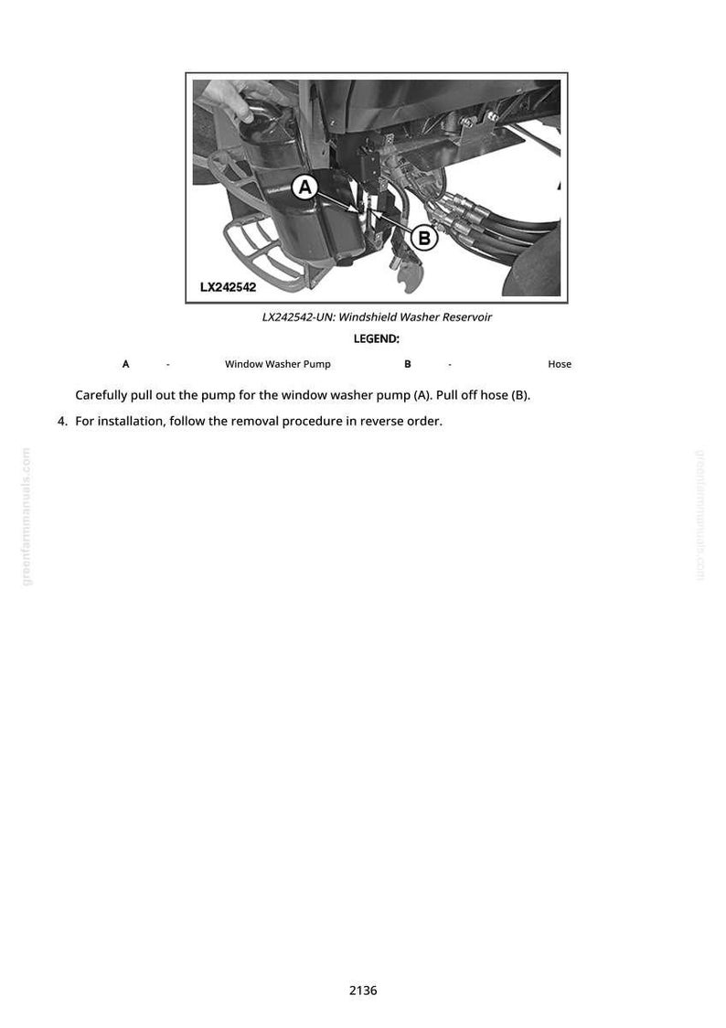 May include: Diagram of a vehicle component, featuring a windshield washer reservoir and pump. The image includes labels for parts A and B, with accompanying text detailing removal and installation instructions. The model number LX242542 is visible.